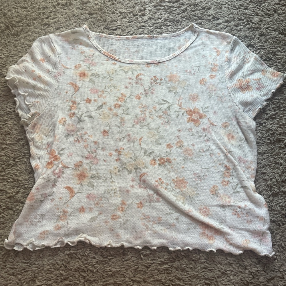 American Eagle Outfitters Floral Short Sleeve Top - White and Peach